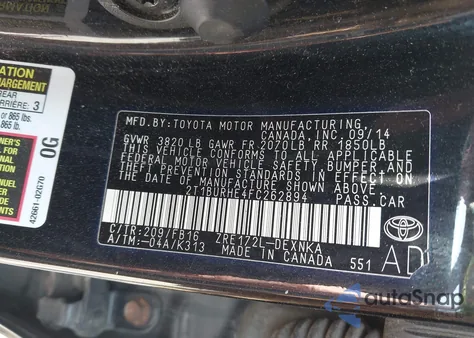 2015 Toyota Corolla L/Le/Le Pls/Prm/S/S Pls из США, поврежденный, VIN 2T1BURHE4FC262894